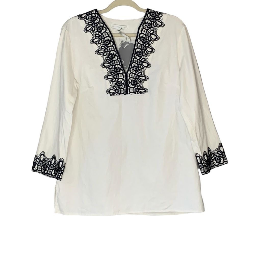 Preston & York white linen blend blouse with navy embroidered lace. NWT Size 8